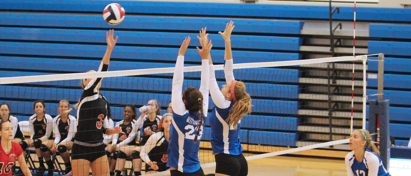 girls volleyball players blocking